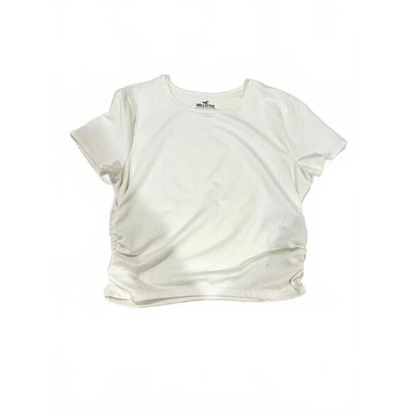 Hollister Tops - Hollister White Ribbed Ruched Sides Crewneck Cropped Baby Tee- Size Large